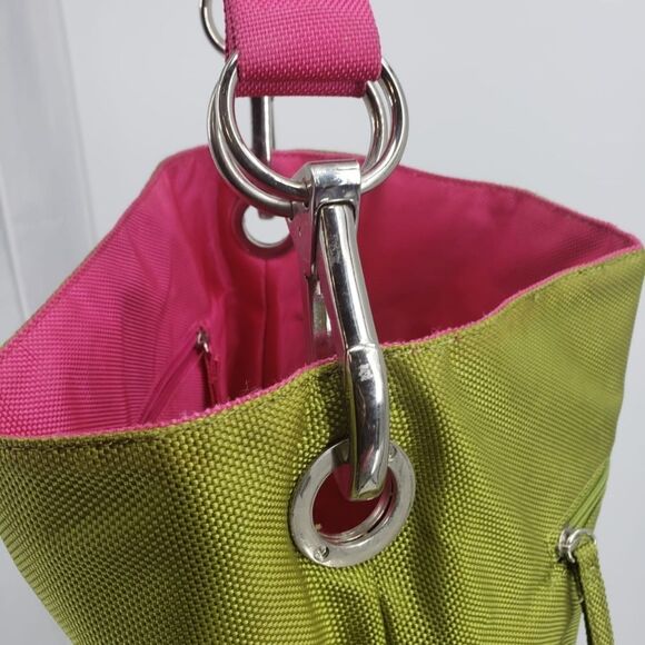 SR SQUARED by Sondra Roberts green & pink canvas hobo shoulder bag - Picture 5 of 6